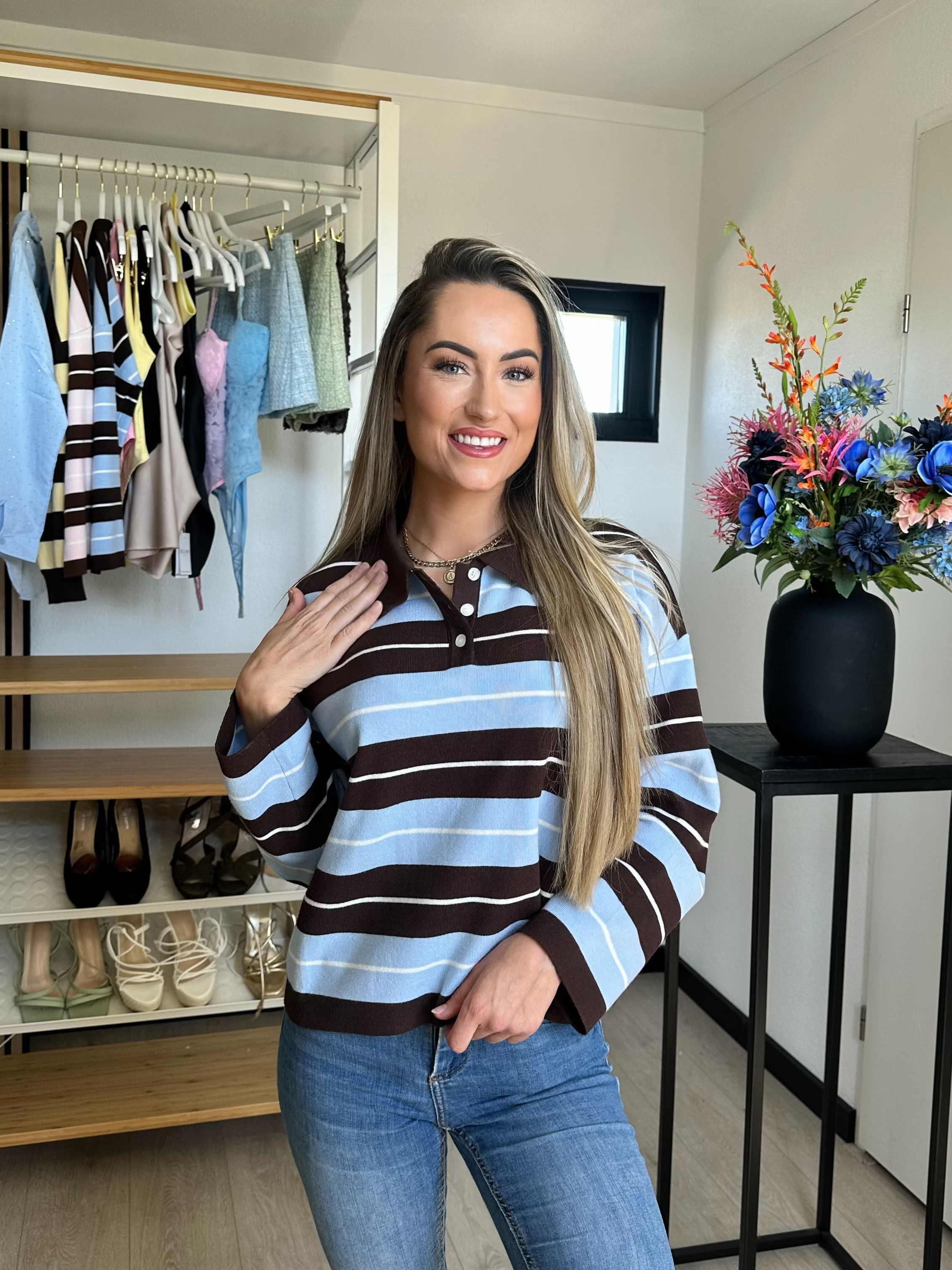 Sanne Striped Long Sleeve Sweater - Blauw / Bruin