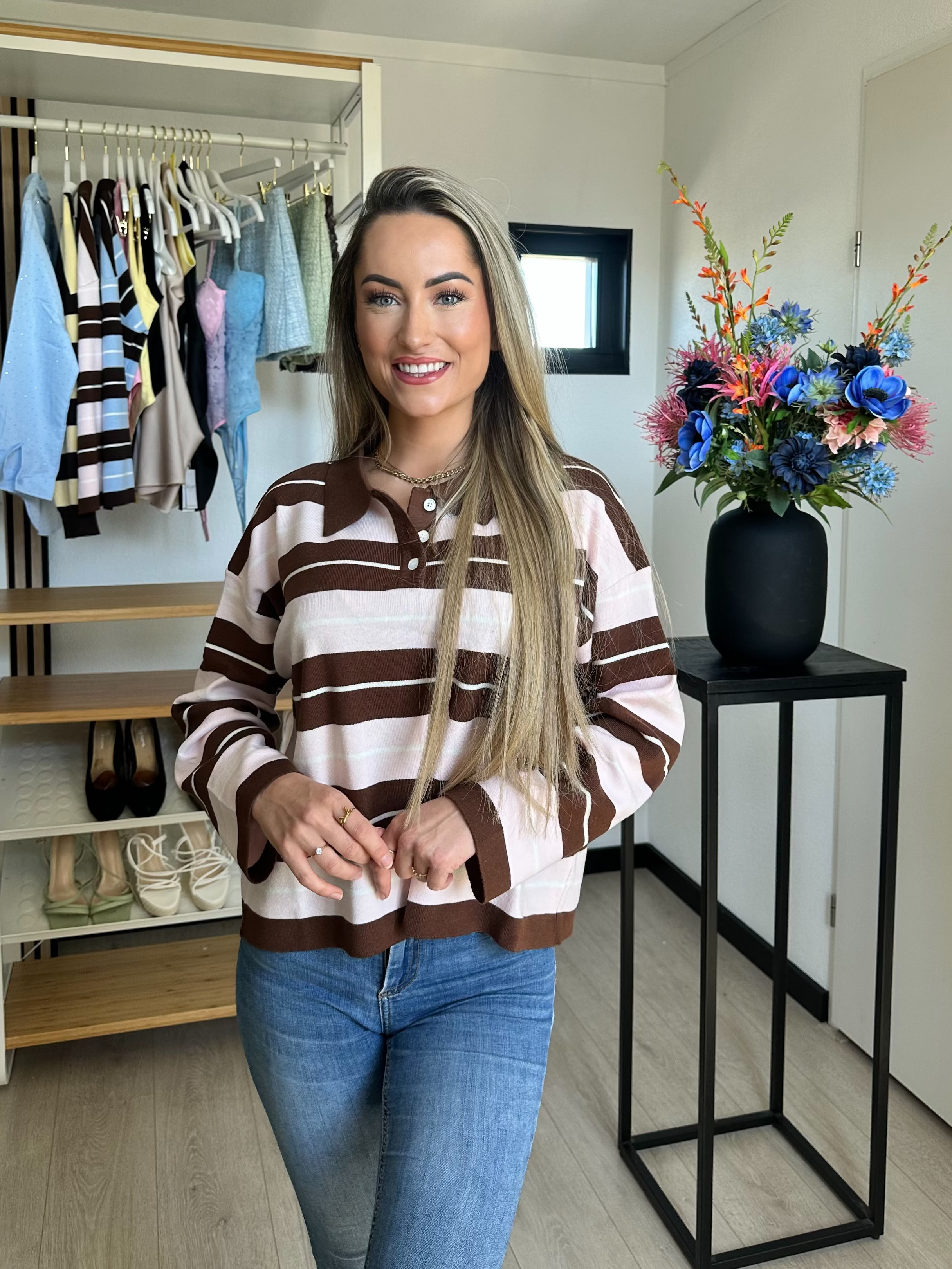 Sanne Striped Long Sleeve Sweater - Roze / Bruin