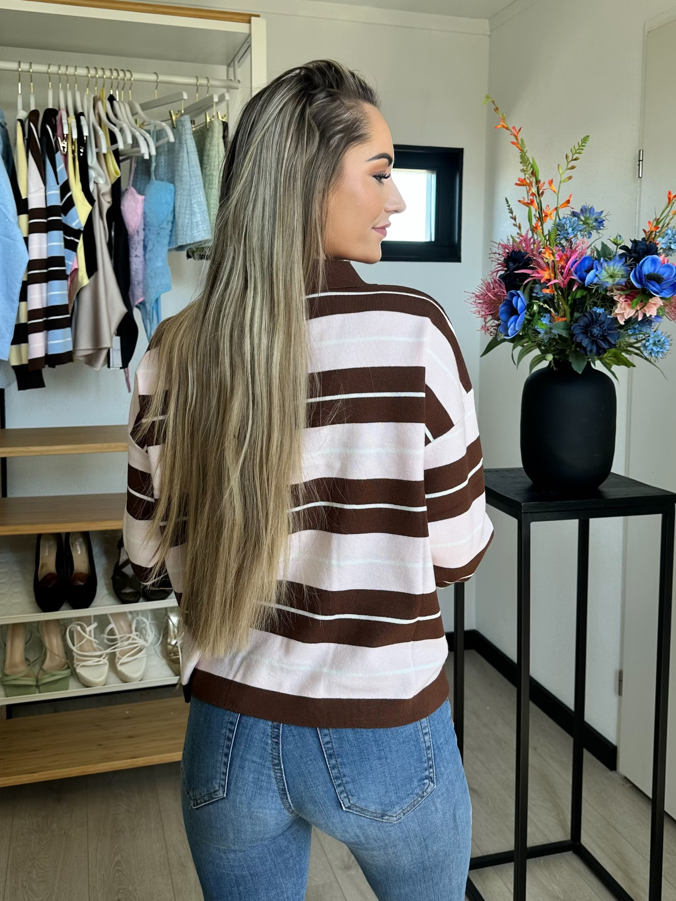 Sanne Striped Long Sleeve Sweater - Roze / Bruin