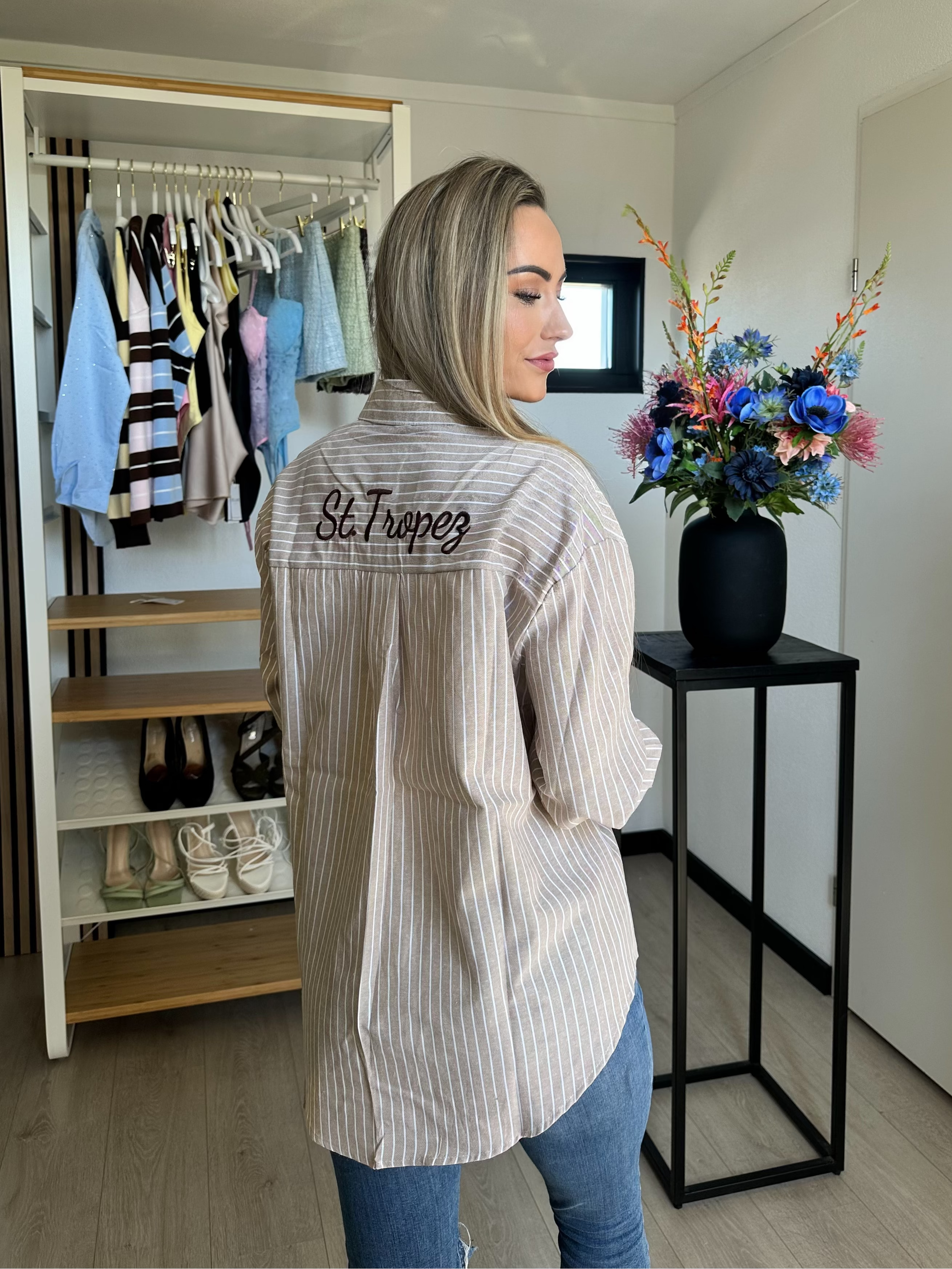 St. Tropez Linnen Blouse – Taupe/Crème Wit