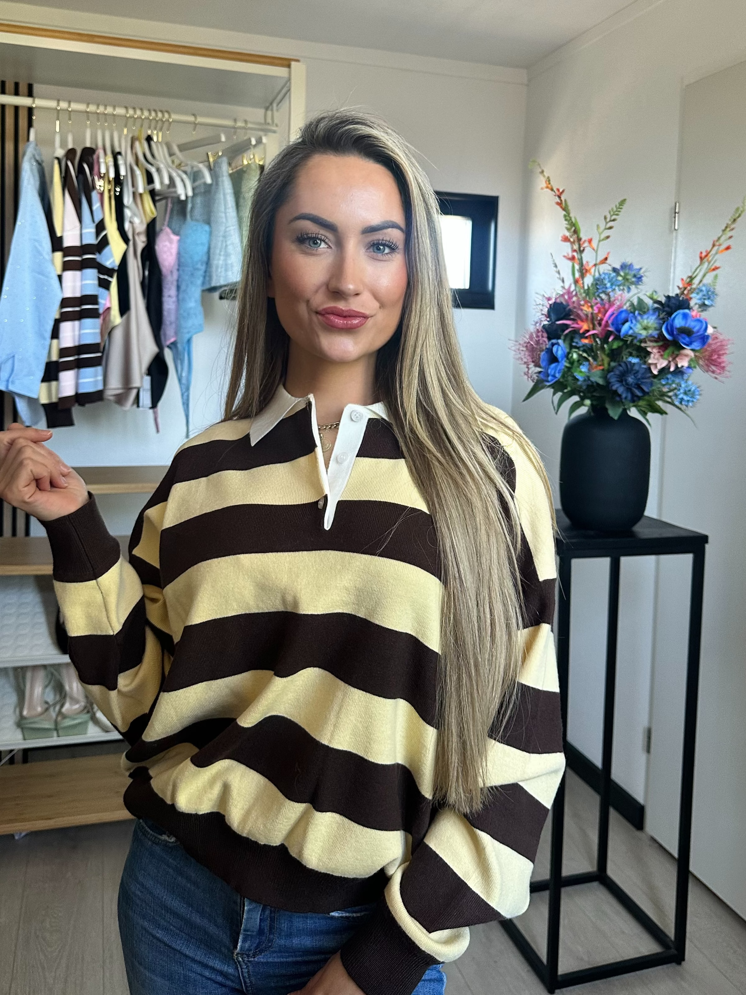 Sanne Striped Long Sleeve Sweater - Bruin / Geel