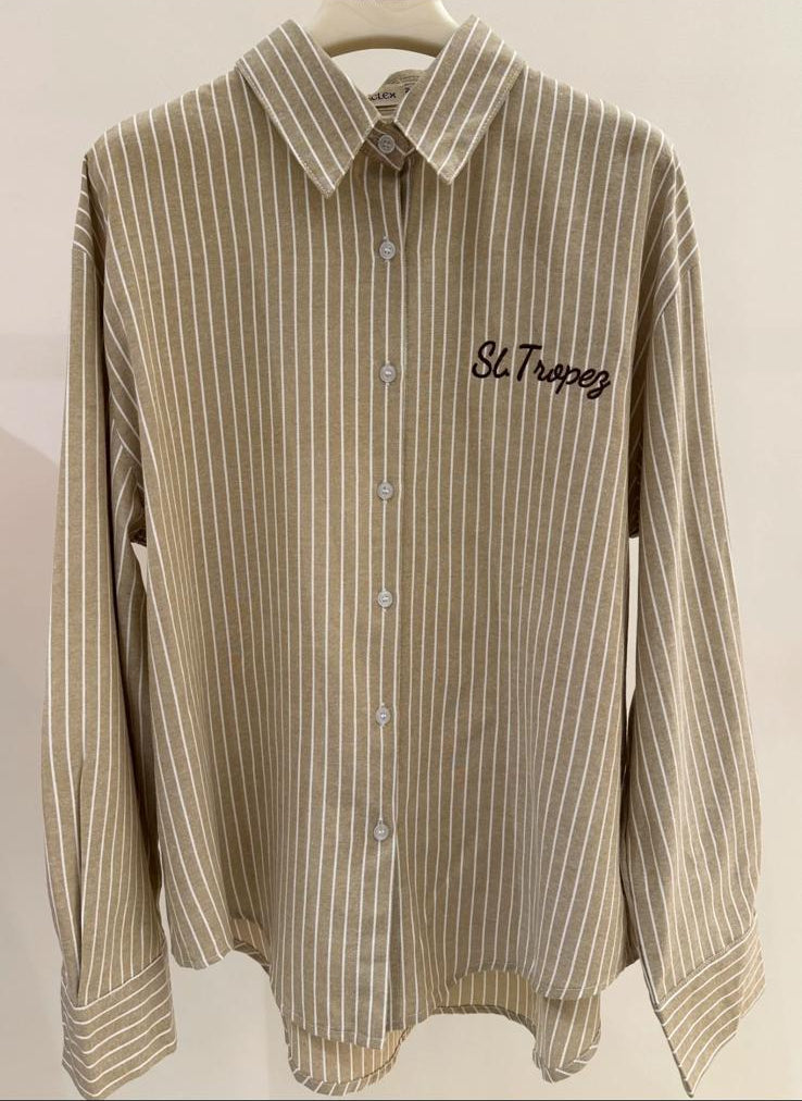 St. Tropez Linnen Blouse – Taupe/Crème Wit