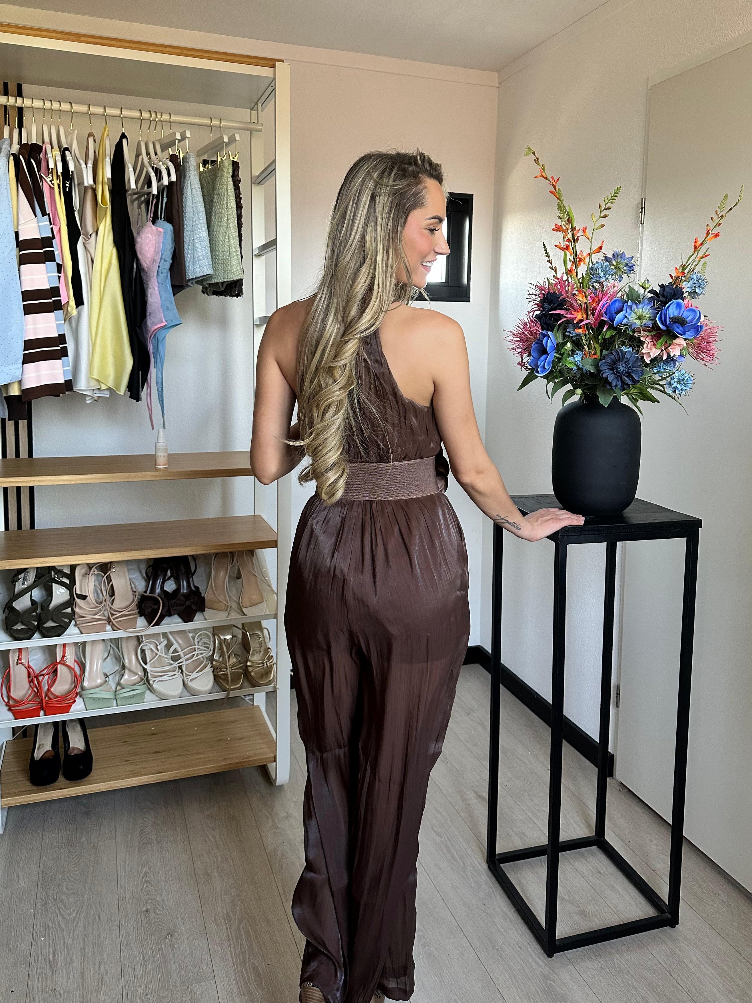 Nina Brown Flower Belt Jumpsuit