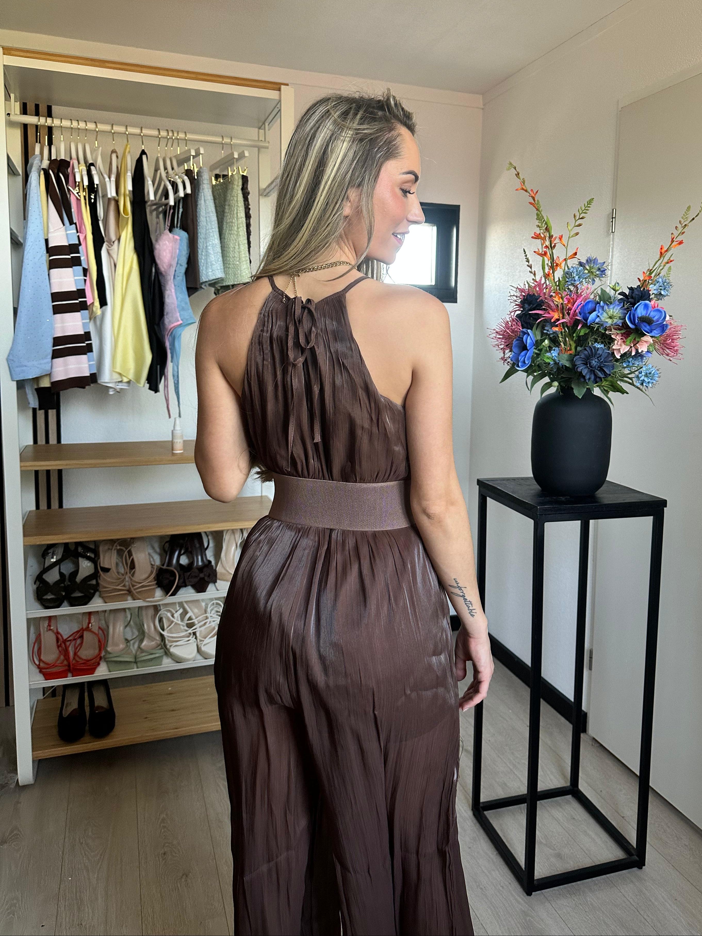 Nina Brown Flower Belt Jumpsuit