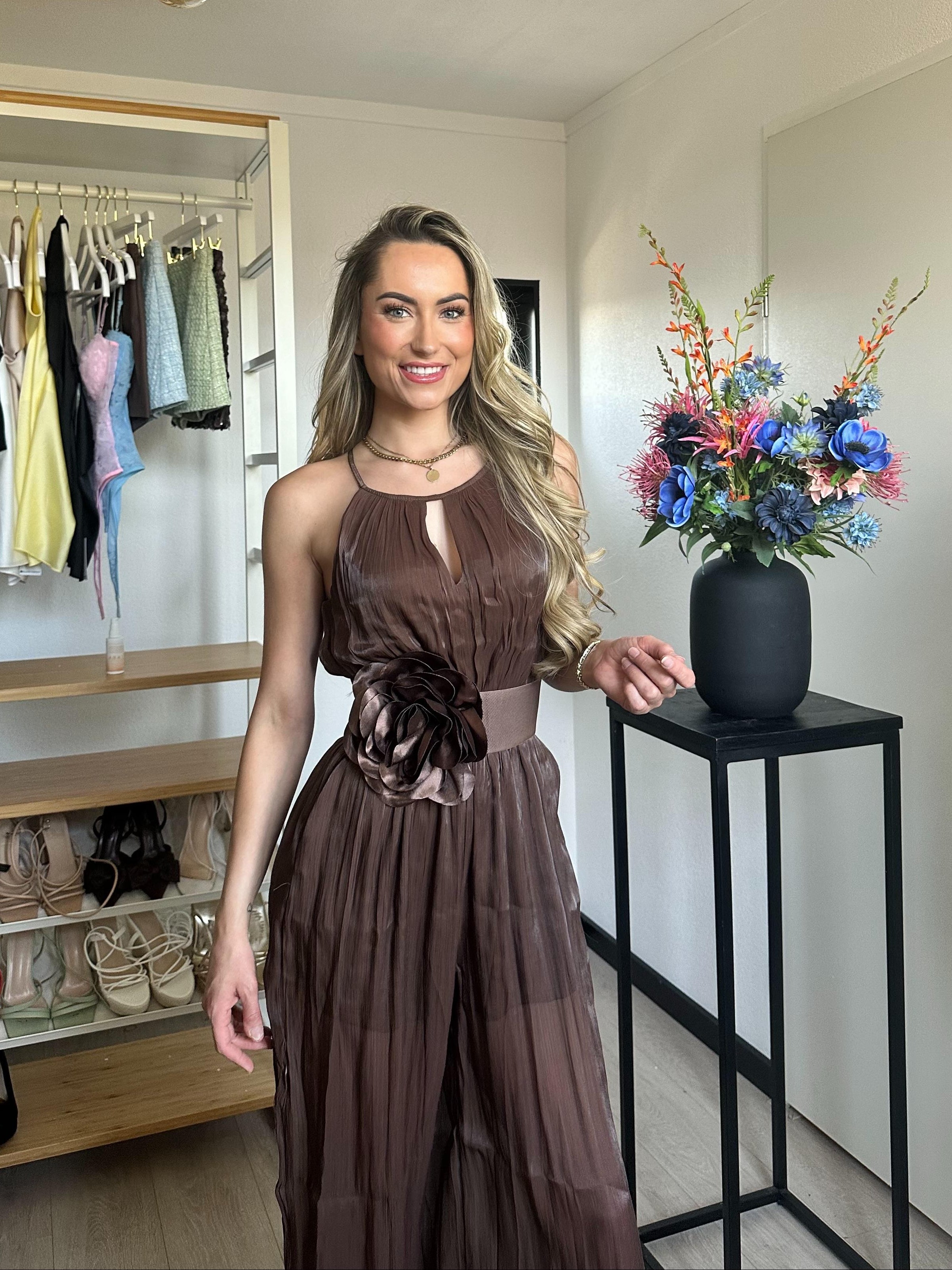 Nina Brown Flower Belt Jumpsuit