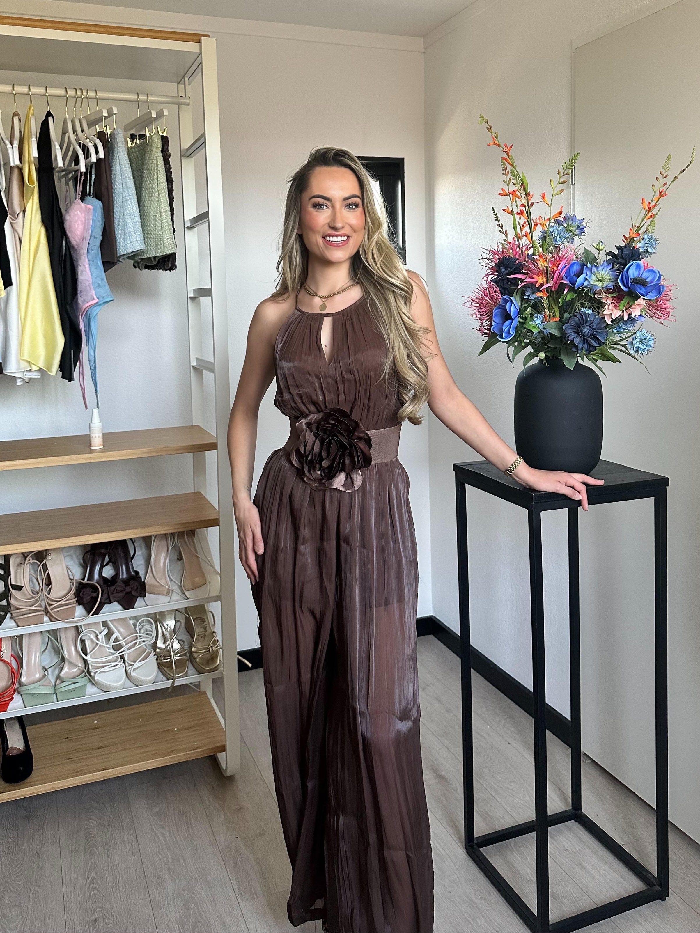 Nina Brown Flower Belt Jumpsuit