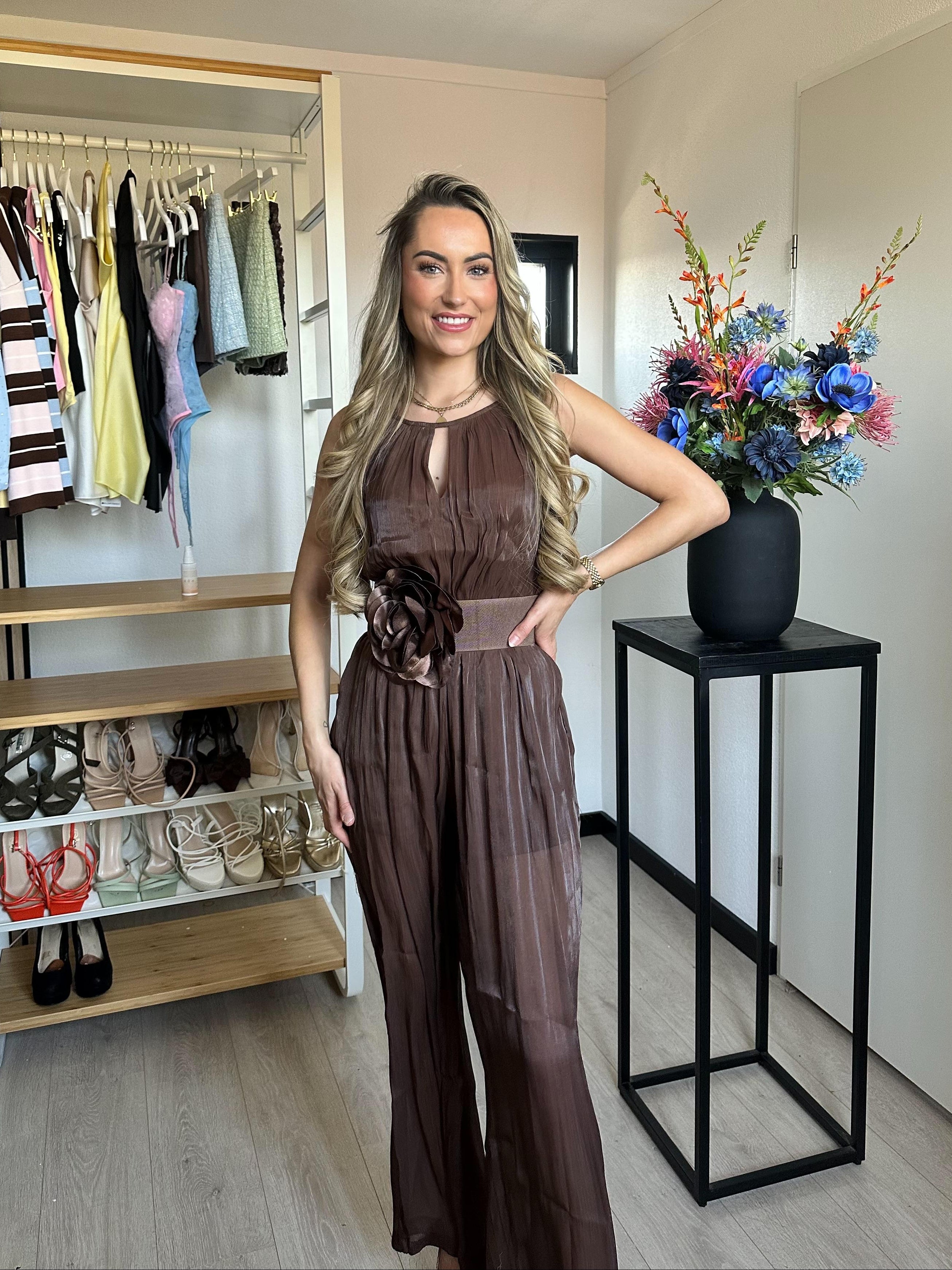 Nina Brown Flower Belt Jumpsuit